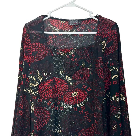 MCM Y2K Vintage Women Black & Red Floral Goth Top SZ XL Bell Asymmetric Sleeve - Picture 2 of 16